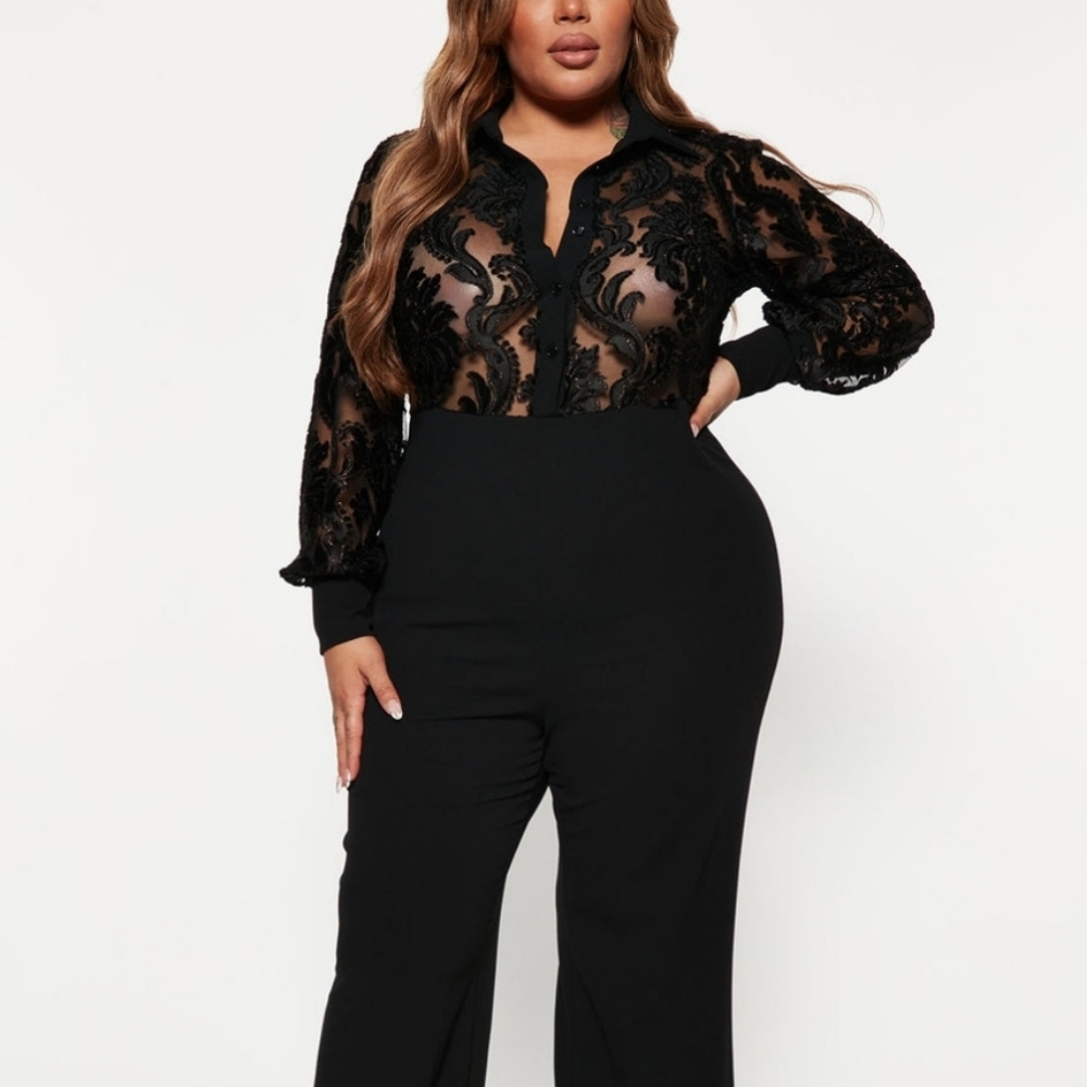 Fashion Nova Black Sheer Lace Jumpsuit